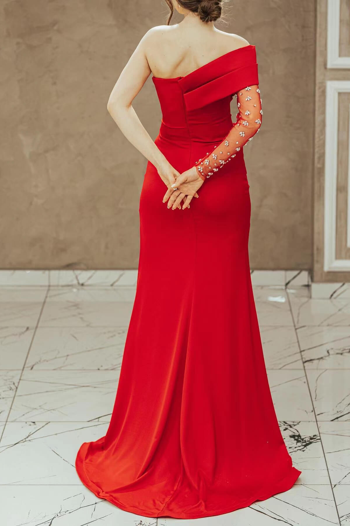 Red One Shoulder Prom Dress with Beadings and Split Mermaid Long Sleeves