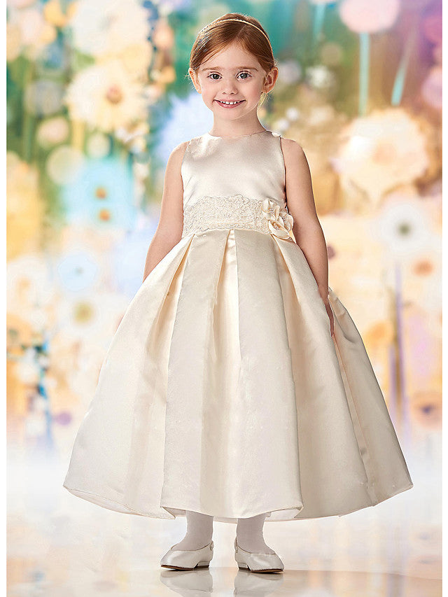 Lace Satin Cap Sleeve Jewel Neck A-Line Flower Girl Dress With Buttons