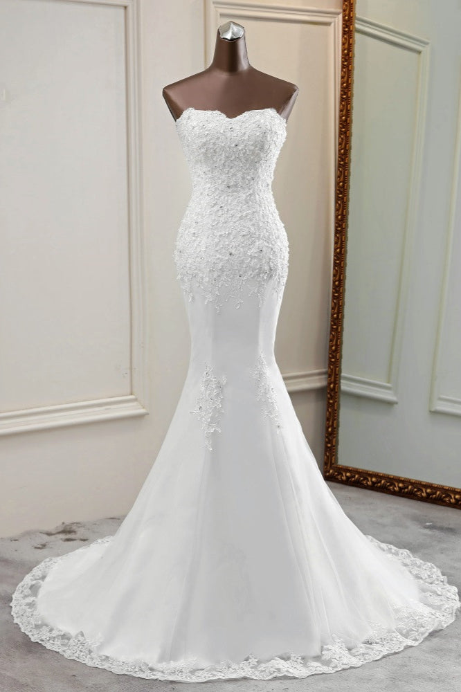 Elegant Strapless Mermaid Wedding Dress with Lace Appliques and Beadings