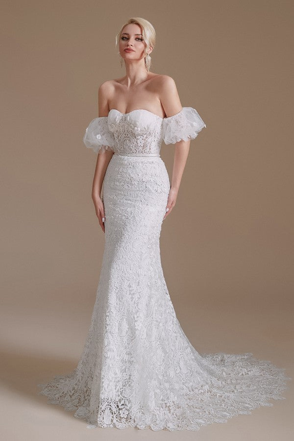 Long Mermaid Wedding Dresses With Detachable Sleeves - Beautiful Sweetheart Lace