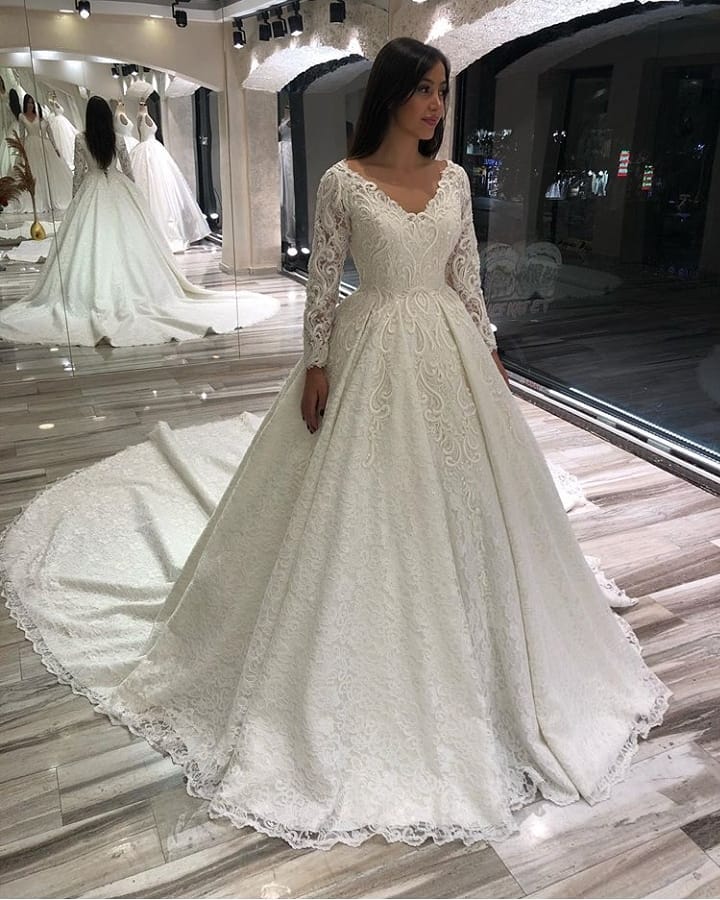 Elegant A-line Deep V-neck Long Sleeves Wedding Dress with Appliques Lace