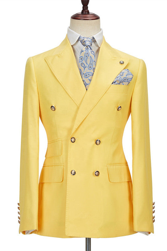 Double Breasted Yellow Peaked Lapel Casual Prom Outfit for Guys