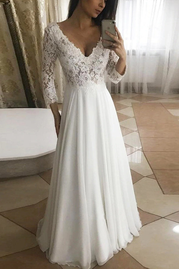 Lace-Detailed Long Sleeve V-neck A-line Wedding Dress