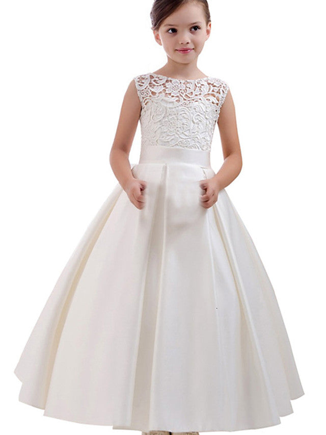 A-Line Short Sleeve Lace Satin Jewel Neck Flower Girl Dress with Pleats and Solid Design