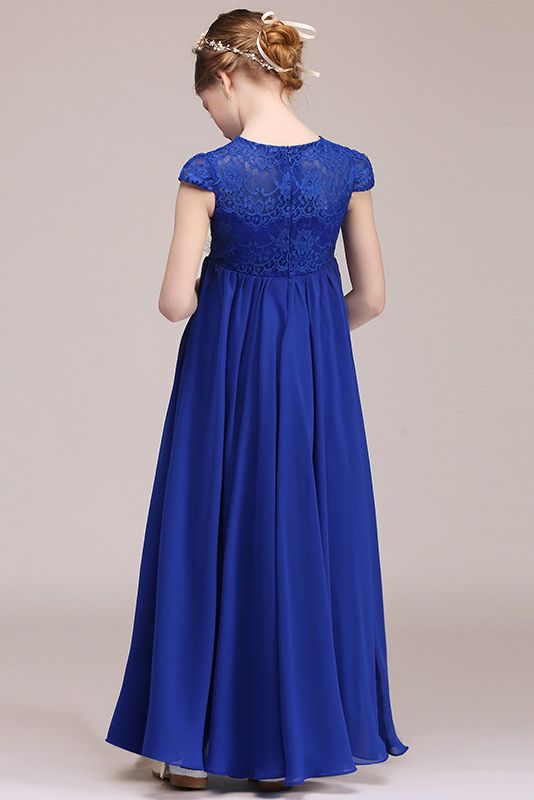 Lace Embellished Royal Blue Illusion Neck Flower Girl Dress