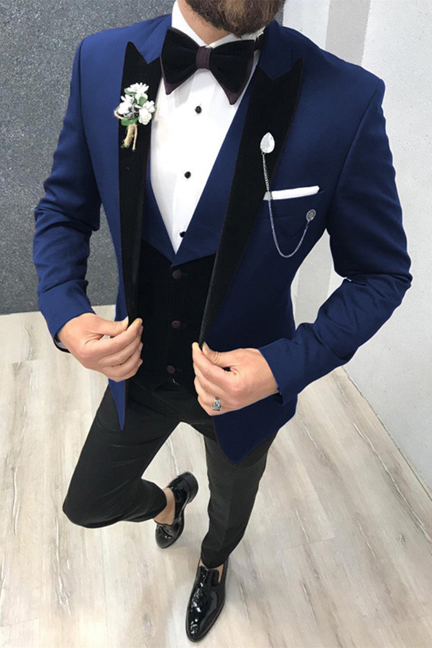 3-Piece Peak Lapel Blazer for Men's Wedding in Black and Blue