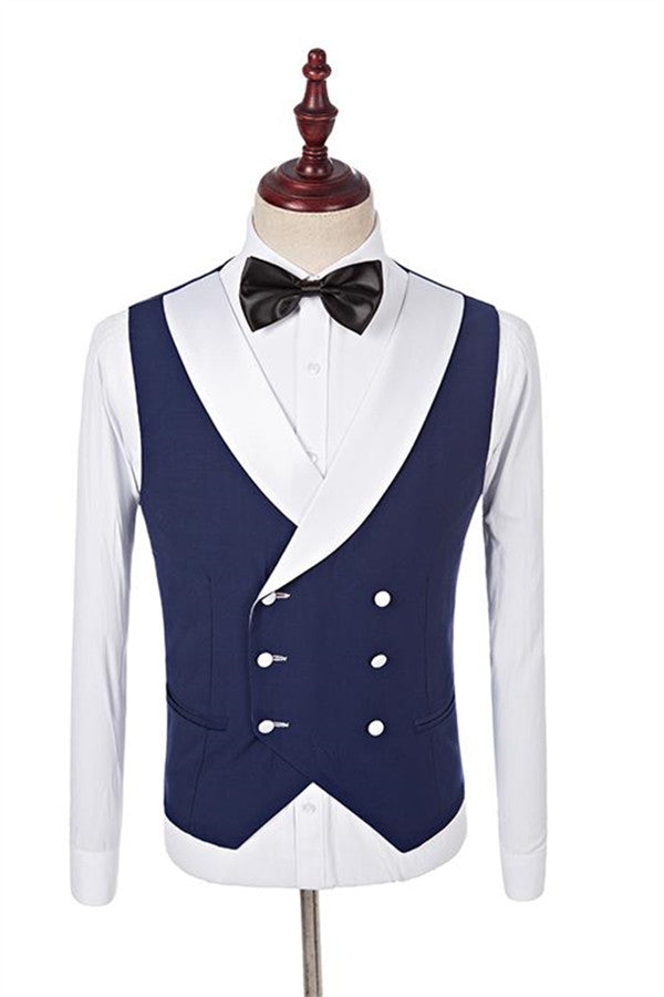 Navy Blue Groomsmen White Shawl Lapel One Button Wedding Tailcoat Three Pieces