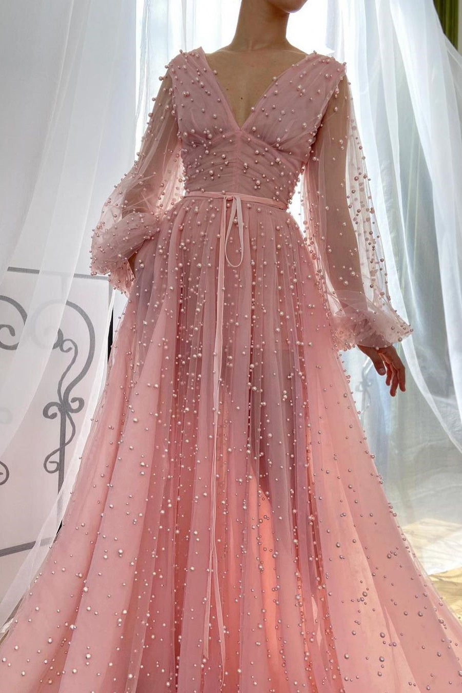 Sparkle in Style with Pink Plunging Neck Evening Dress With Pearl Beaded Tulle