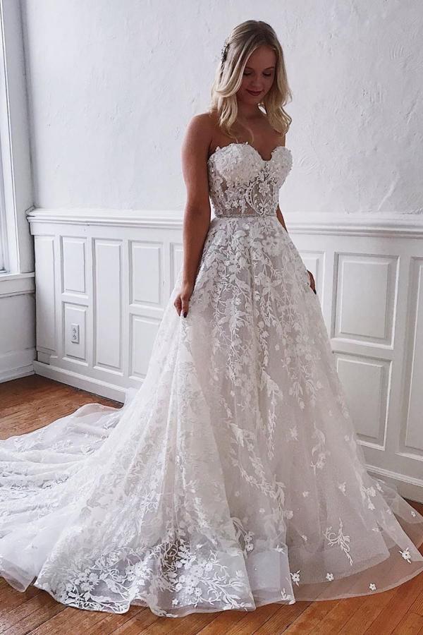 Gorgeous A-line Floor Length Long Wedding Dress With Sweetheart Lace