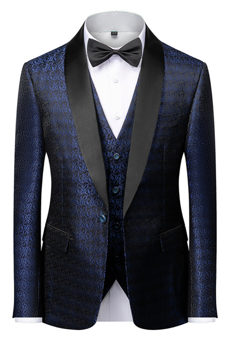 One-Button Dark Navy Blue Floral Jacquard Wedding Suit for Gentlemen