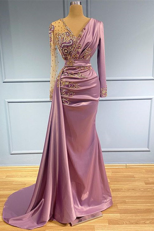 V Neck Mermaid Prom Dress with Long Sleeves and Beadings