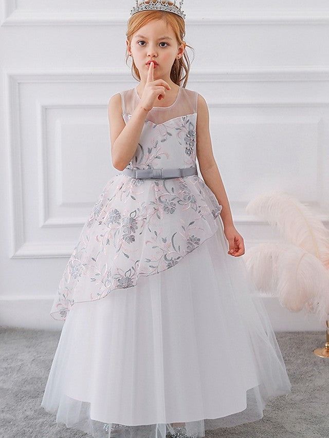 Beautiful Ball Gown Sleeveless Illusion Neck Flower Girl Dress with Tulle Sash Ribbon Bow and Embroidery