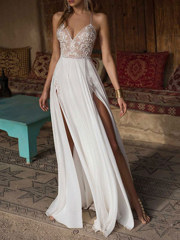 Mermaid White Split Wedding Dress With Lace Applique and Spaghetti-Straps