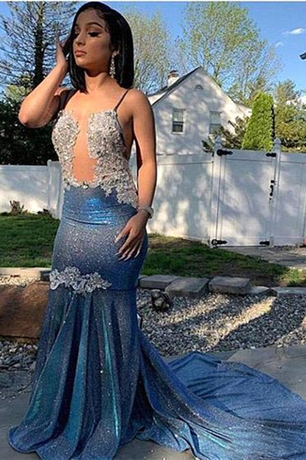 Mermaid Long Prom Dress with Blue Sequins and Spaghetti-Straps