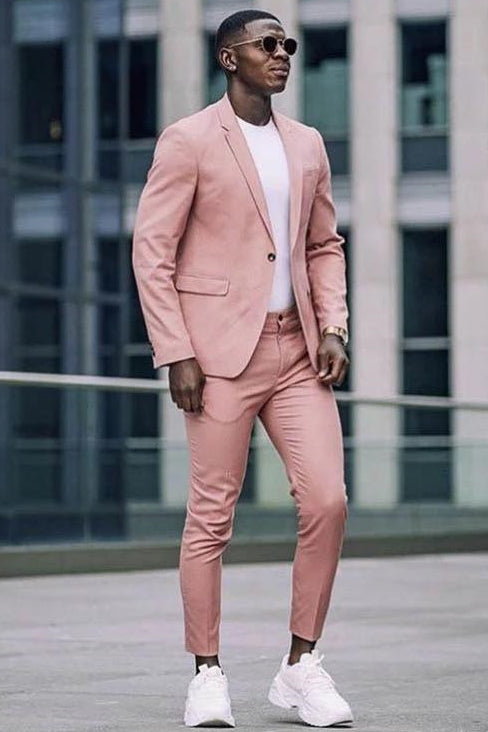 Pink 2 Piece Prince Suit With Notched Lapel & Flap Pockets For Groom