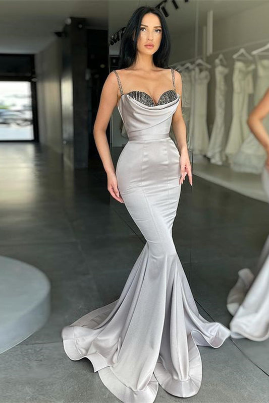 Silver Gray Mermaid Prom Dress with Spaghetti-Straps