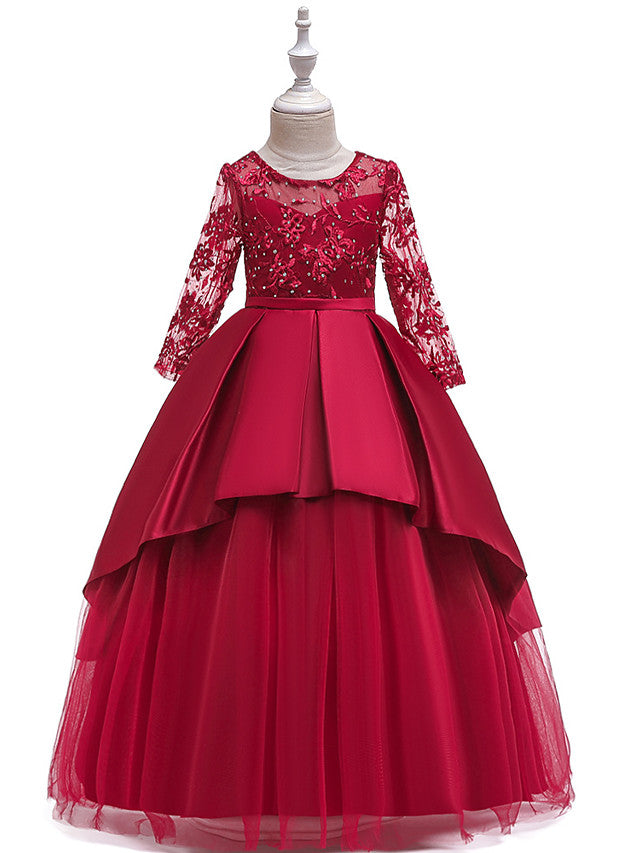 A-Line 3/4 Length Sleeve Jewel Neck Cotton Lace Ball Gown Flower Girl Dresses With Lace Sash Ribbon Pleats