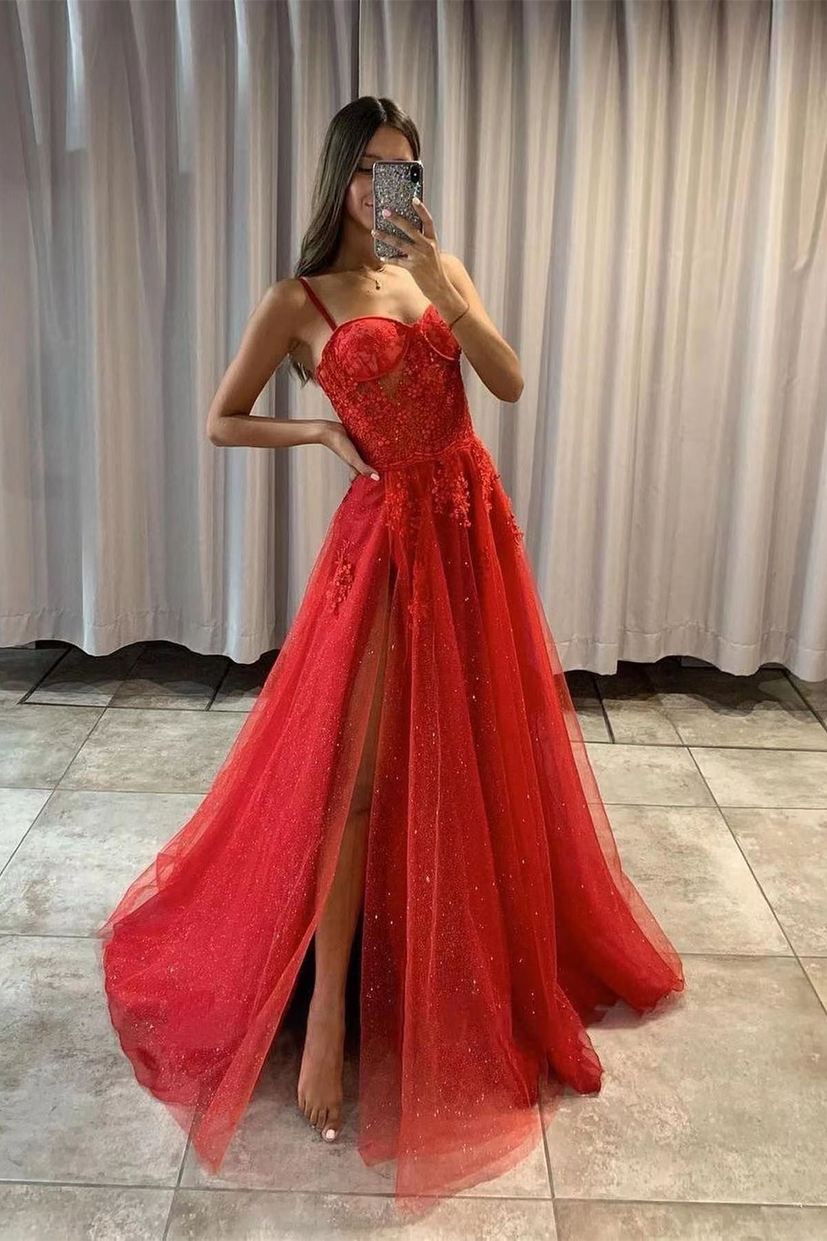 Red Sweetheart Slit Sequins Prom Dress With Tulle & Spaghetti Straps