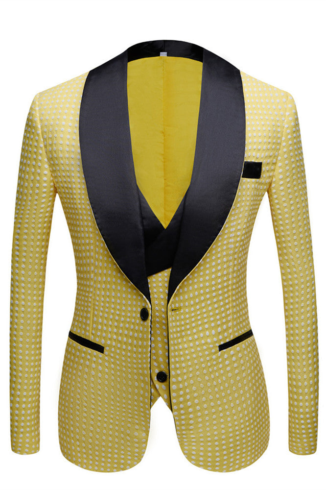 Unique Yellow Dot Shawl Lapel Slim Fit Wedding Suit for Men