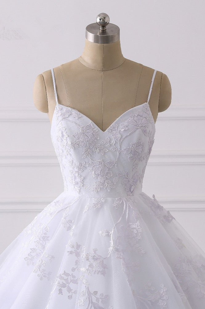 Glamorous Spaghetti-Straps V-Neck Tulle Wedding Dress with Appliques Lace