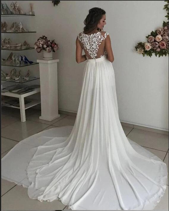 Gorgeous A-line V-neck Long Wedding Dress with Slit Chiffon Lace