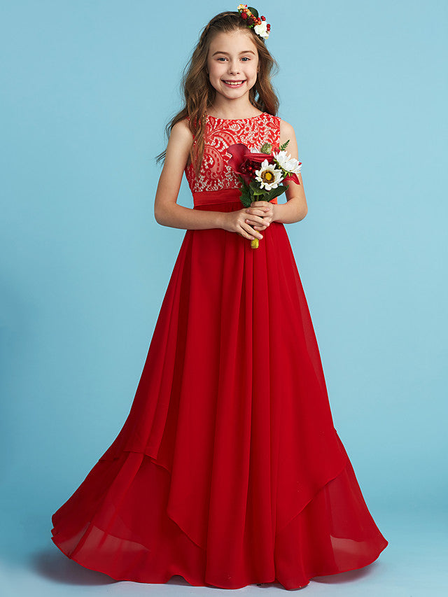 Flower Girl Dress with Chiffon Lace and Sash Ribbon Appliques - Sheath Column Jewel Neck Floor Length