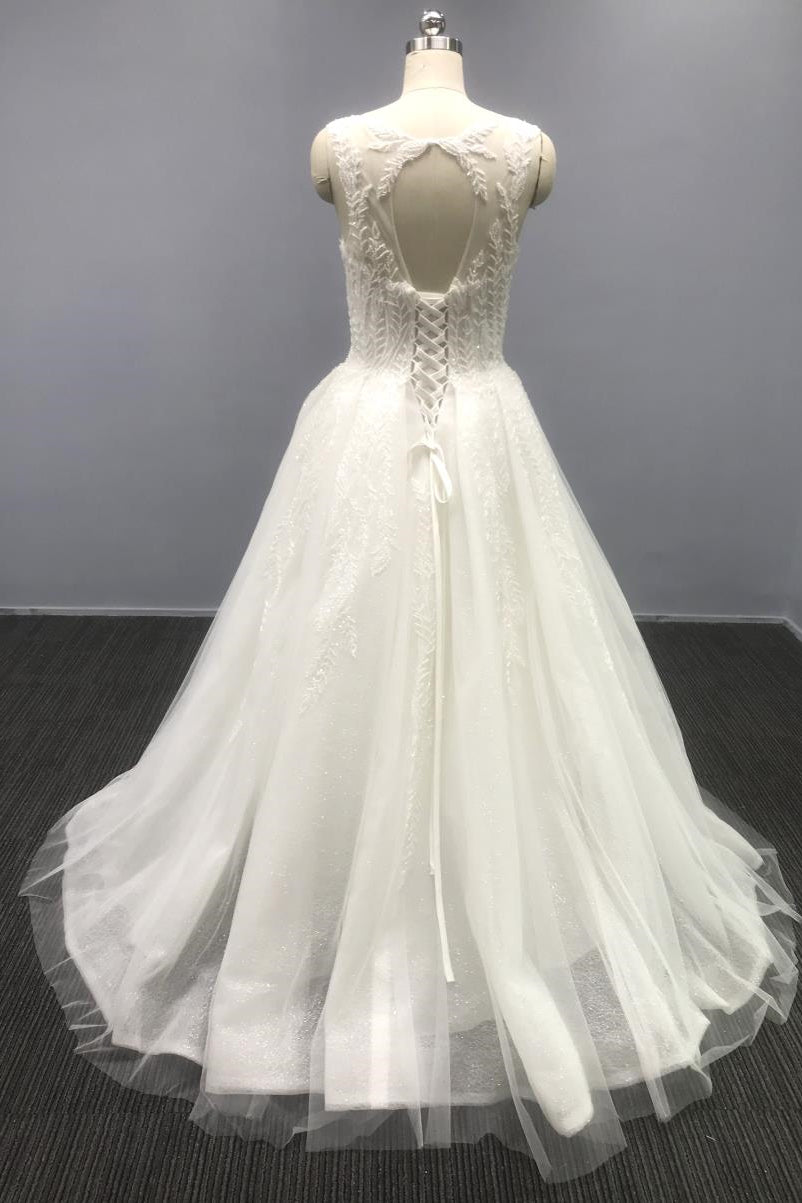 White A-Line Tulle Wedding Dress with Sequins and Spaghetti Straps Open Back