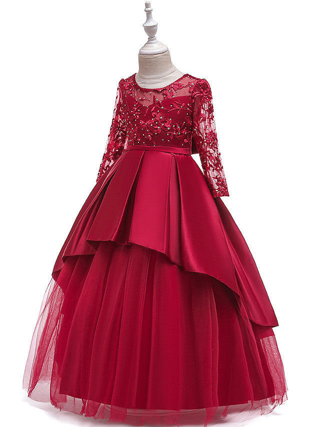 A-Line 3/4 Length Sleeve Jewel Neck Cotton Lace Ball Gown Flower Girl Dresses With Lace Sash Ribbon Pleats