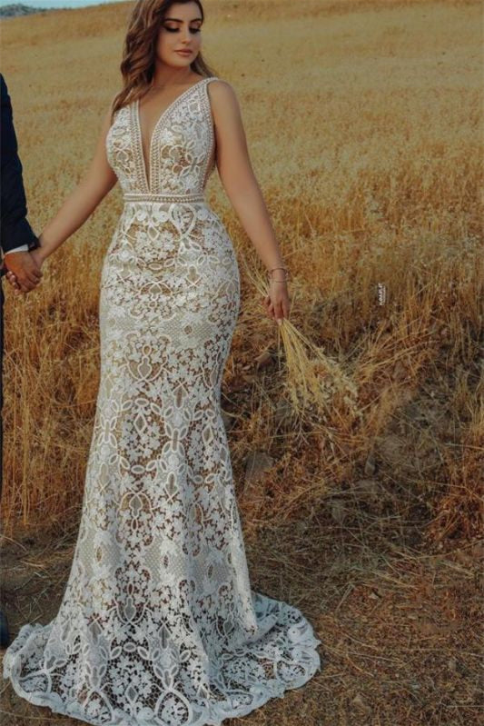 Empire V Neck Mermaid Wedding Dress with Beadings