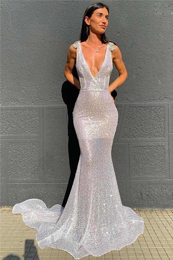 Deep V-Neck Mermaid Prom Dress with Open Back and Sequins