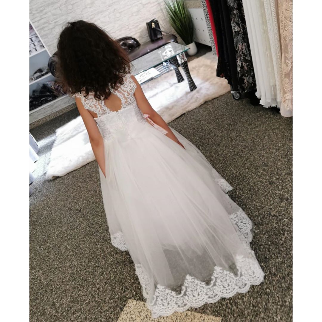 A-line Bateau Jewel Lace Flower Girl Dress with Pearls and Appliques