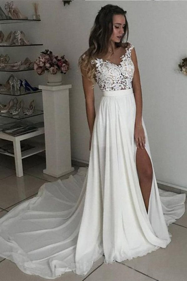 Gorgeous A-line V-neck Long Wedding Dress with Slit Chiffon Lace