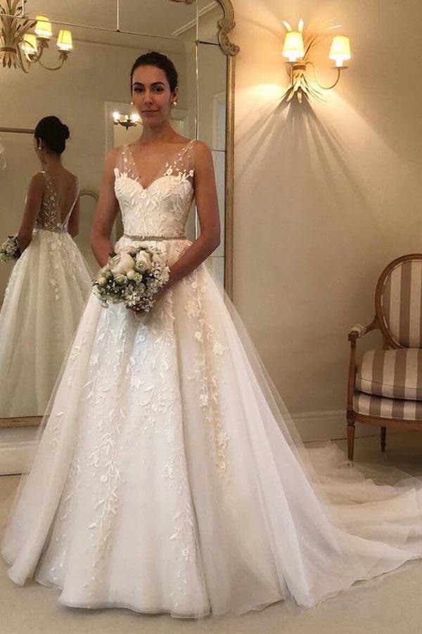 Elegant Long A-line Wedding Dress with Sweetheart Tulle Open Back