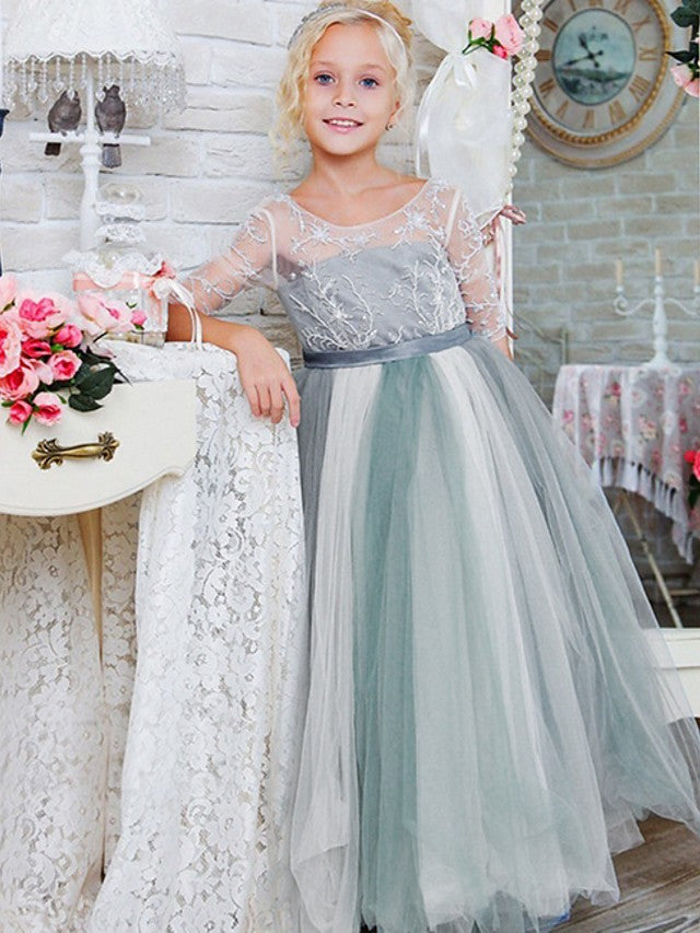 Half Sleeve Jewel Neck A-Line Flower Girl Dress with Lace Tulle and Bow Paillette