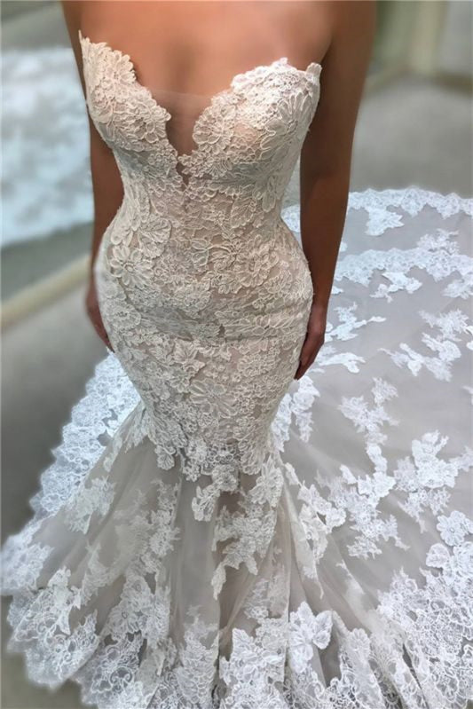 V-Neck Strapless Long Backless Mermaid Lace Appliques Wedding Dress