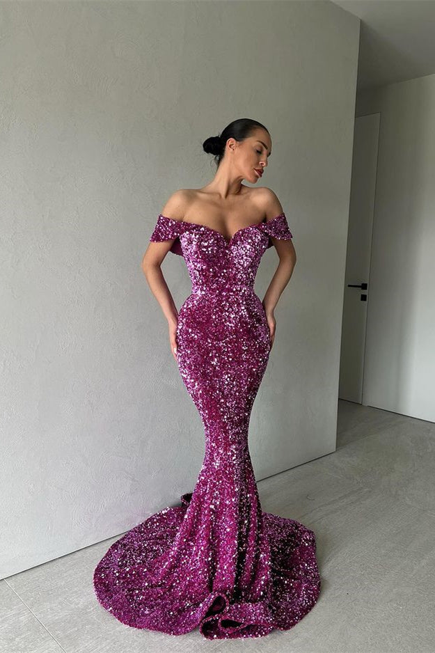 Long Mermaid Evening Dress with Sequins - Purple Off-The-Shoulder