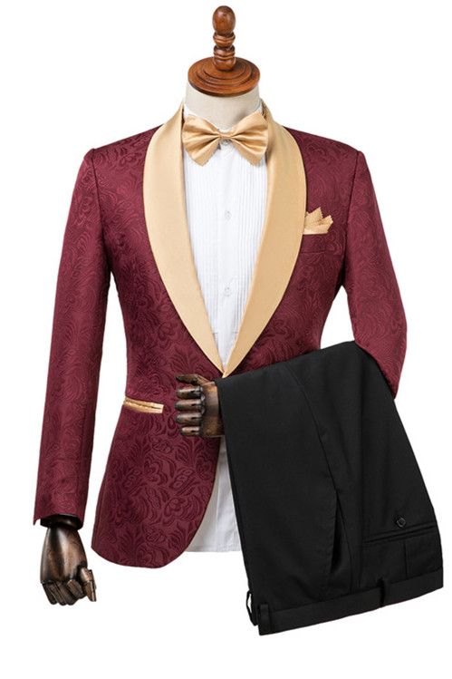 Gentle Burgundy Shawl Lapel Men's Wedding Suit With Jacquard