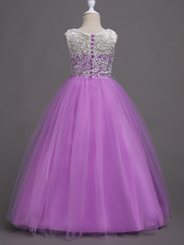 Elegant Lace Satin Tulle Long Length Sleeveless Jewel Neck Flower Girl Dress