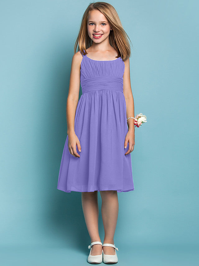 Elegant Knee-Length Chiffon Flower Girl Dress with Sheath Column Straps and Ruched Draping