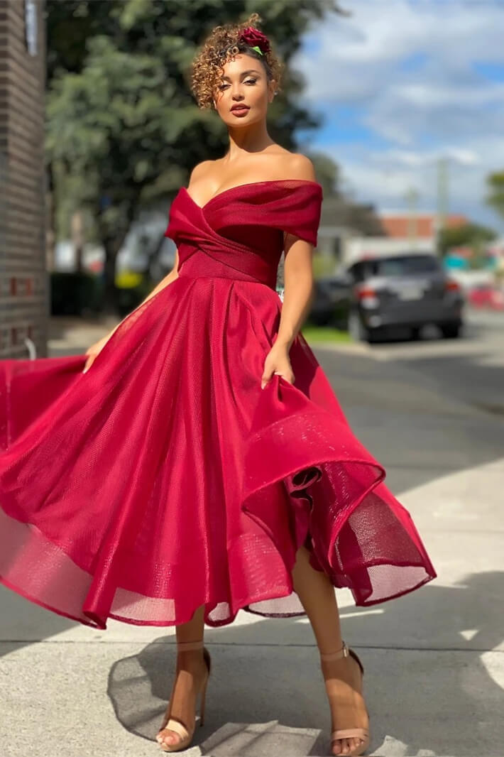 Burgundy Off The Shoulder Evening Dress A Line Short