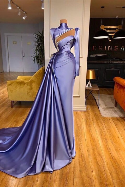 High Neck Long Sleeves Prom Dress with Beadings and Ruffles