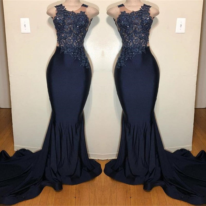 Dark Blue Mermaid Prom Dress with Sleeveless Appliques