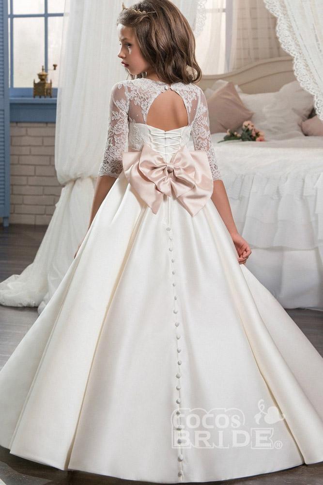 Ivory Long Sleeves Ball Gown Chiffon Lace Flower Girls Dress