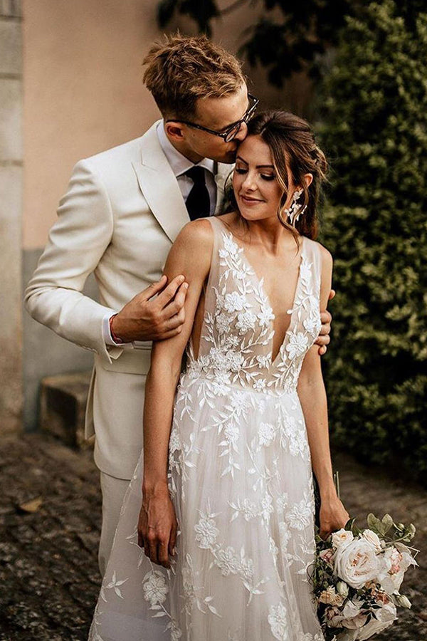 A-Line Wedding Dress With Appliques and Boho Straps V-neck