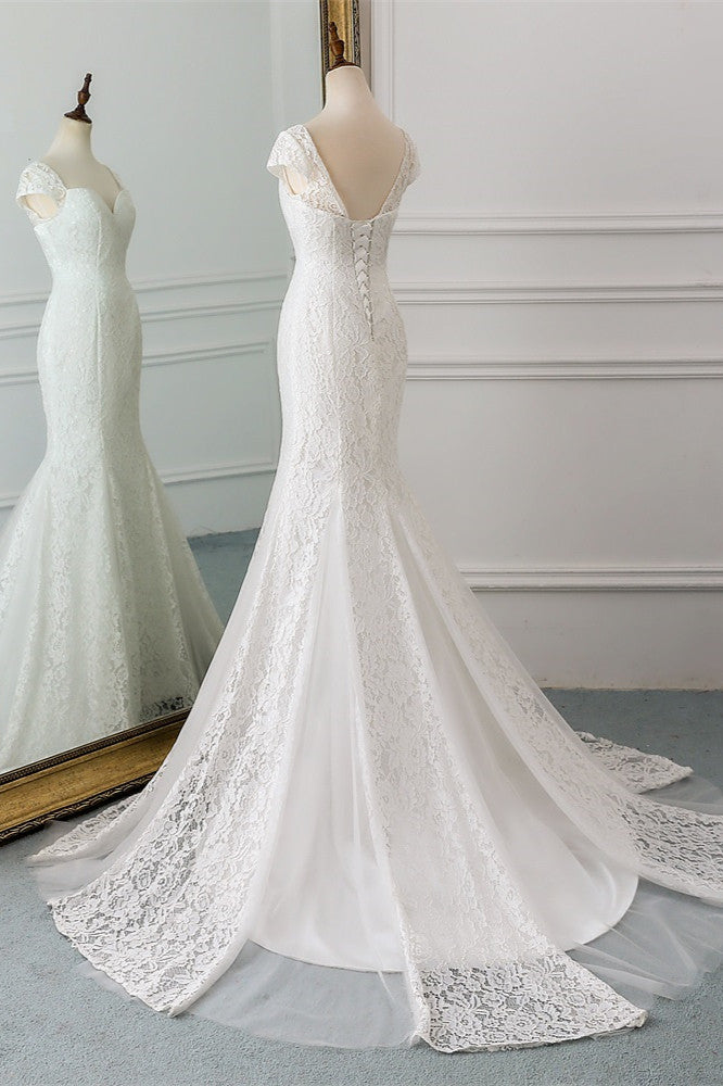 Elegant Sweetheart Lace Long Mermaid Wedding Dress with Cap-Sleeves