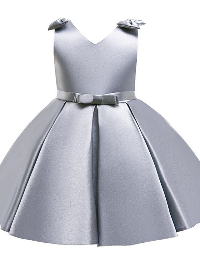 Satin Ball Gown Flower Girl Dress with V Neck & Bow Pleats