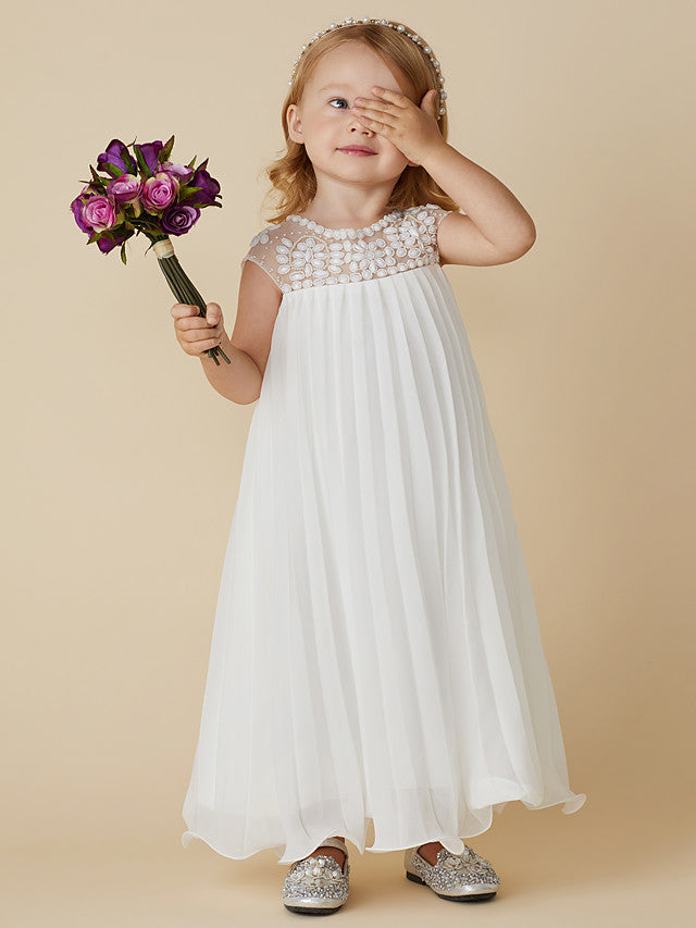 Short Sleeve Jewel Neck Flower Girl Dresses with Chiffon Beading and Draping