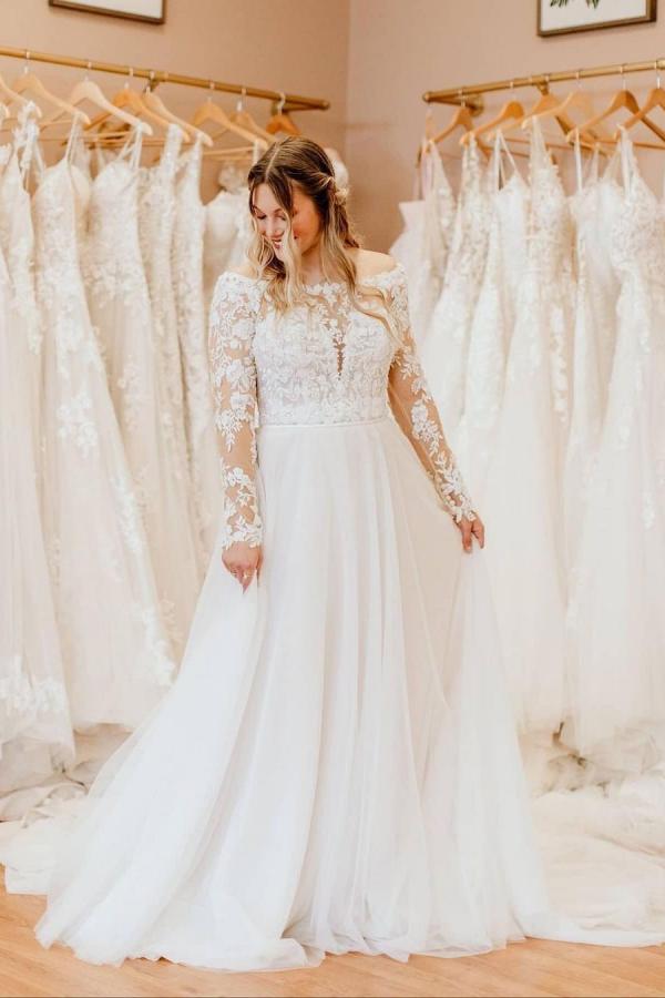 Simple A-Line Wedding Dress with Long Sleeves and Off-the-Shoulder Tulle & Lace