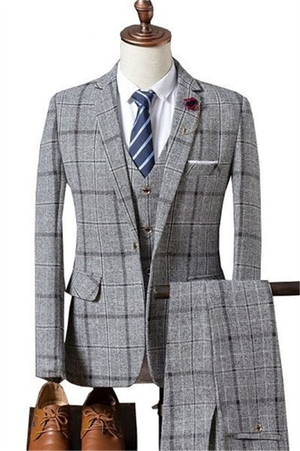 Formal Plaid Easy Fit Business Men Suits with Notched Lapel