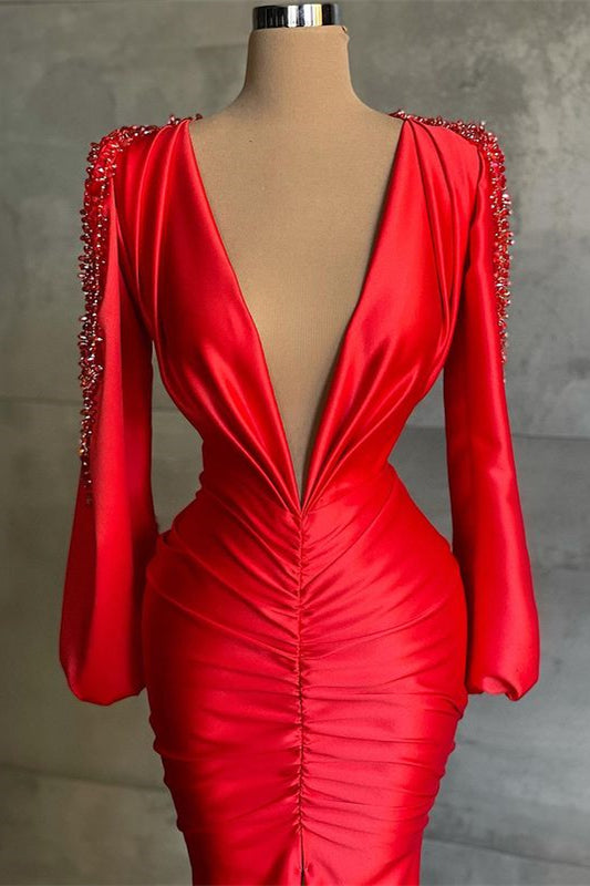 Red Mermaid Deep V-Neck Long Sleeve Prom Dress